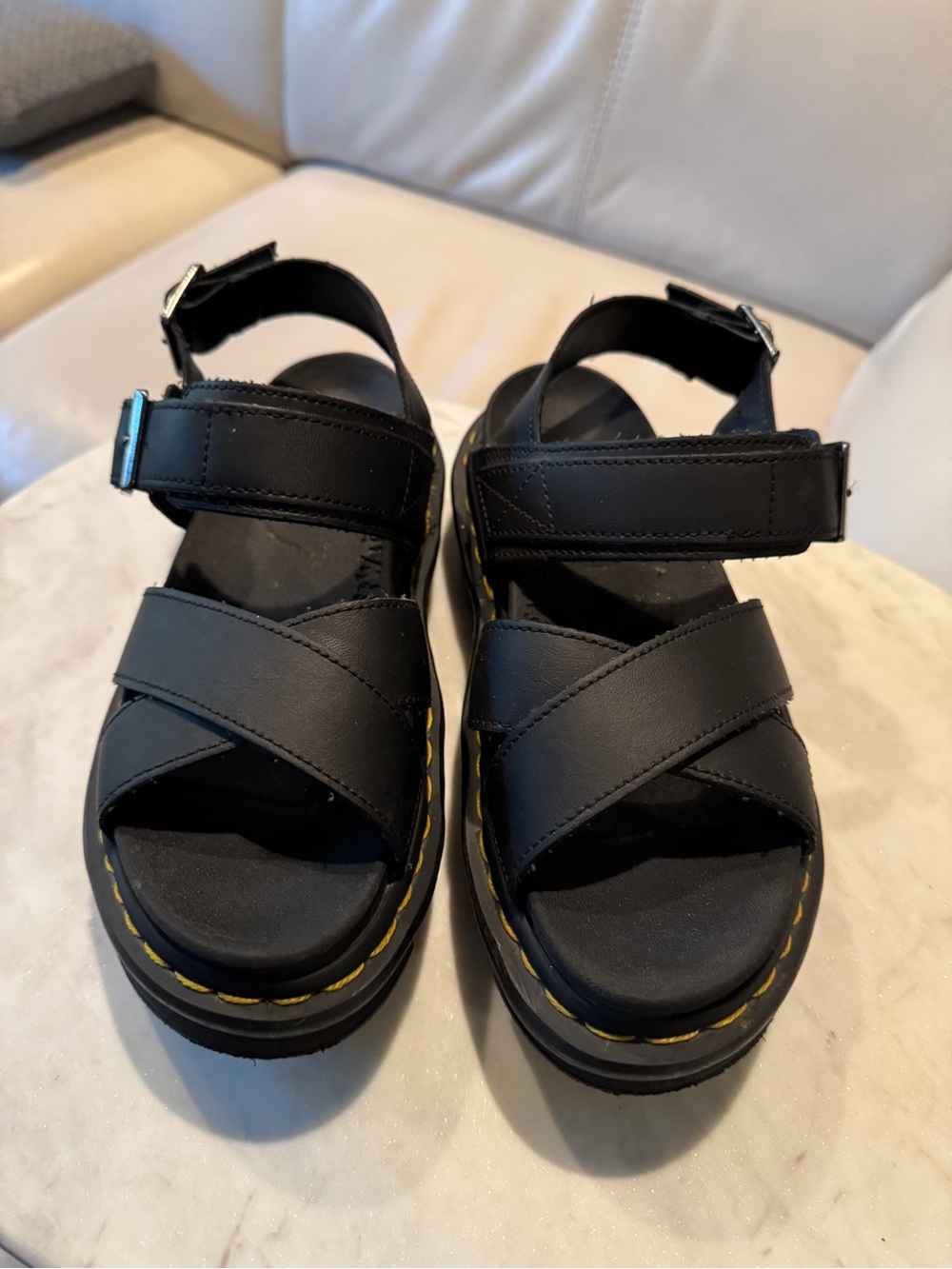 Dr. Martens Black Platform Cross-Strap Sandals with Yellow Stitching